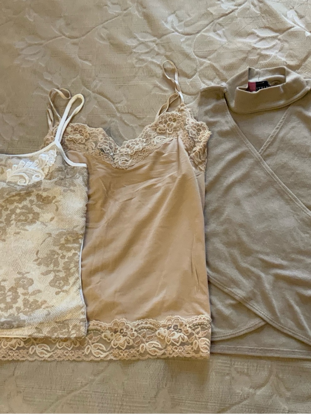 Lot of 3 Vintage Neutral Tops S/M InWear Floral Cami NY&Co Lace Top Mock Neck